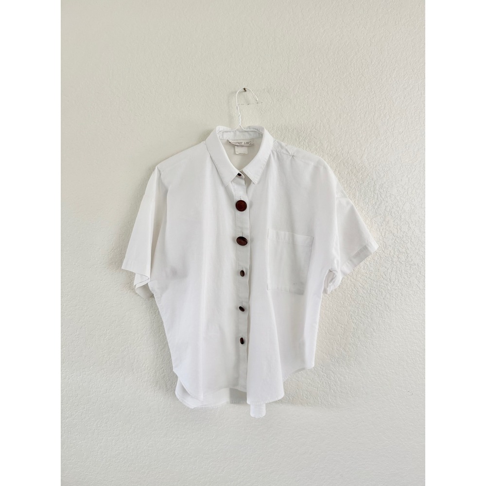 Whitney Lang Button Down Shirt Womens‎ Petite White 90s Vintage Wooden Buttons